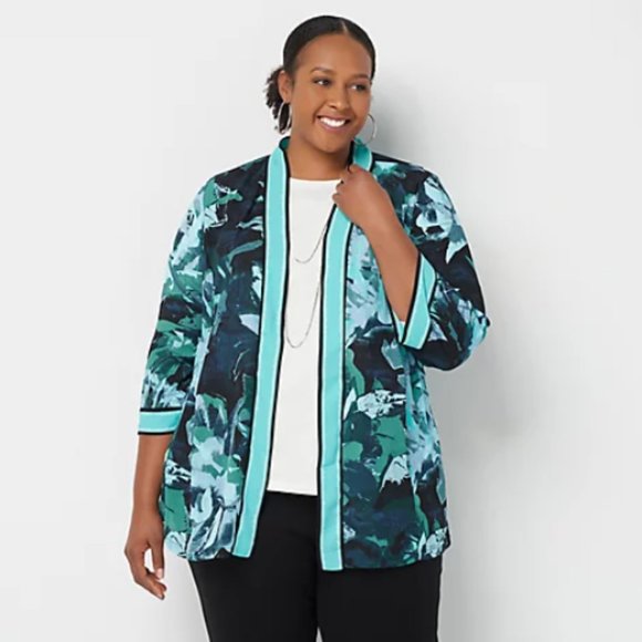 Bob Mackie Sweaters - Bob Mackie Watercolor Rose Printed Woven Cardigan